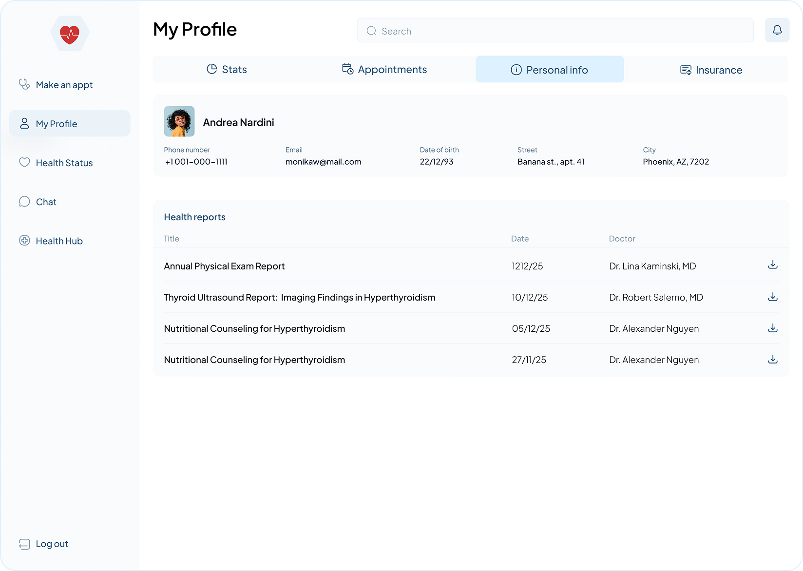 Personal Info & Health Reports Screen